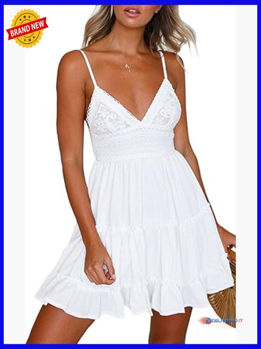V-Neck Spaghetti Strap Backless Lace Mini Swing Skater Dress